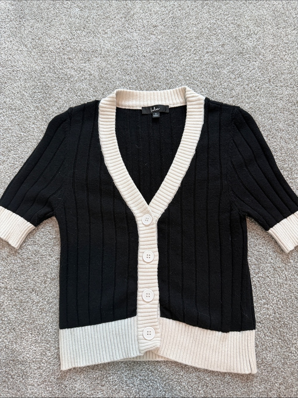 Lulu's Black and Cream Ribbed V-Neck Button Cardigan